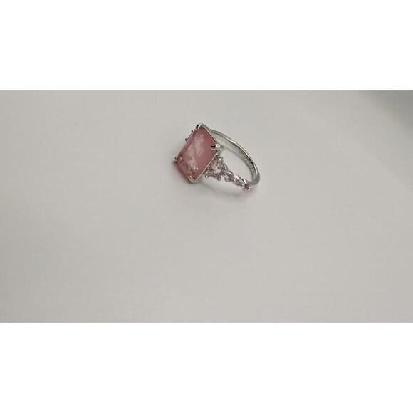 Silver Ring with Rectangular Pink Gemstone and Accent Stones Size 7 - Picture 3 of 9